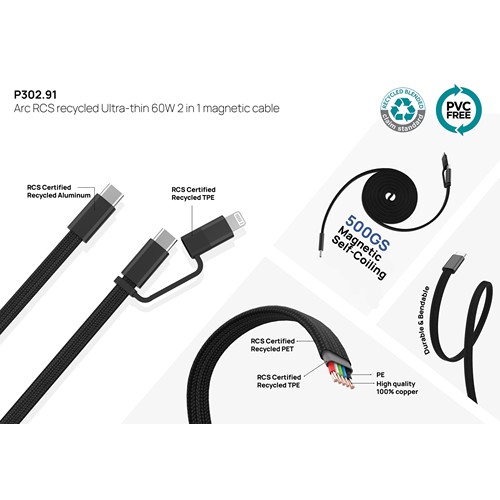 Cable magnético Arc 60W ultrafino 2 en 1 reciclado RCS