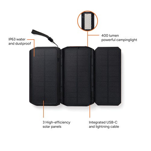 black Powerbank solar 10.000 mAh Nordic Drift Titan con 3 paneles