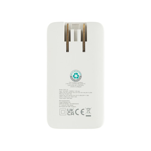 white Cargador plano Fluxo RCS 65W GaN y conectores universales