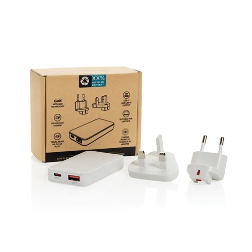 white Cargador plano Fluxo RCS 65W GaN y conectores universales