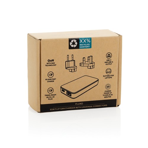 white Cargador plano Fluxo RCS 65W GaN y conectores universales