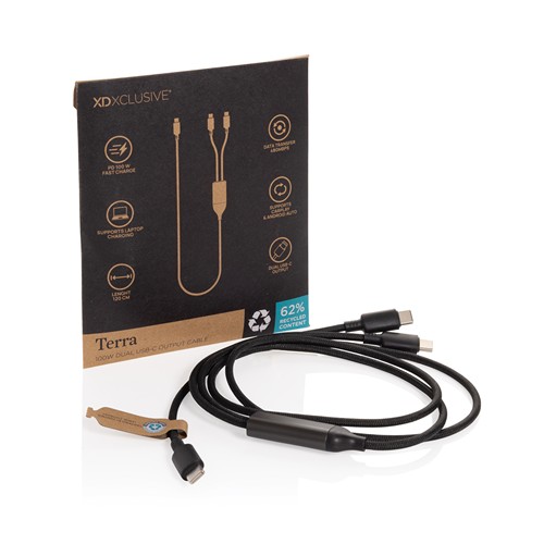 black Cable de salida dual USB-C Terra 100W RCS