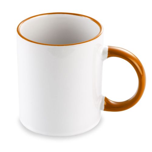 TAZA BLANCA DE LOZA CON ASA Y PERFIL DE COLOR