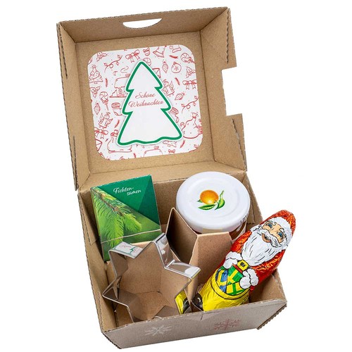 Gift-set Xmas - Spruce seed stick, star baking cups, a jar<BR>Orange marmalade and chocolate Santa Claus