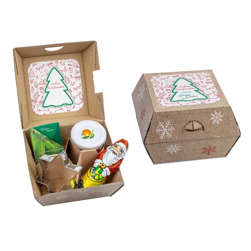 Gift-set Xmas - Clay pot with spruce seeds, chocolate Santa Claus, baking-shape fir-tree, hand flatterer<BR> Gift-set Xmas - Clay pot with spruce seeds, chocolate Santa Claus, baking-shape fir-tree, hand flatterer<BR>