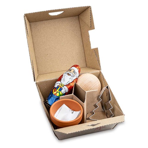 Gift-set Xmas - Clay pot with spruce seeds, chocolate Santa Claus, baking-shape fir-tree, hand flatterer<BR> Gift-set Xmas - Clay pot with spruce seeds, chocolate Santa Claus, baking-shape fir-tree, hand flatterer<BR>