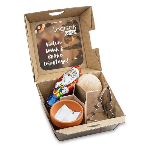 Gift-set Xmas - Clay pot with spruce seeds, chocolate Santa Claus, baking-shape fir-tree, hand flatterer<BR>