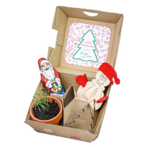 Gift-set Xmas - Clay pots, chocolate Santa Claus, Christmas tree baking molds and a snowman figure made of wood and felt