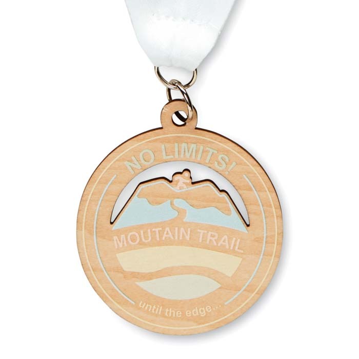 Médaille en bois de forme personnalisée et ruban en quadri cousu V, PROPULZ, Objets publicitaires personnalisés