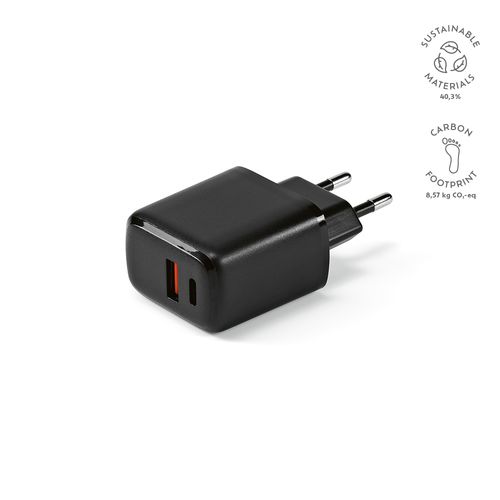 black Cargador Franklin de rABS, 20W. Con puertos USB-C y USB-A. Carga rápida.