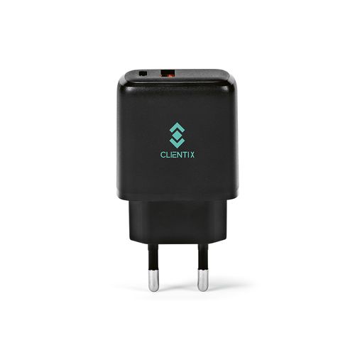 black Cargador Franklin de rABS, 20W. Con puertos USB-C y USB-A. Carga rápida.