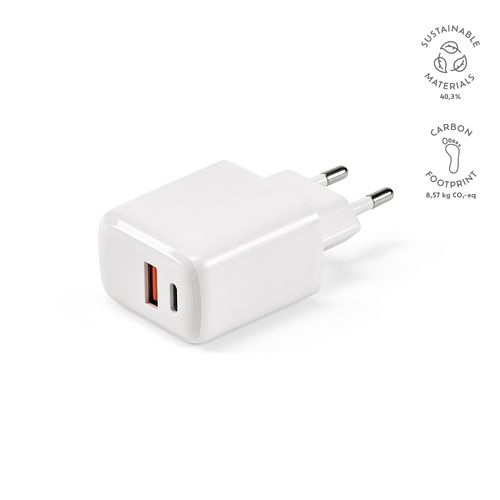 white Cargador Franklin de rABS, 20W. Con puertos USB-C y USB-A. Carga rápida.