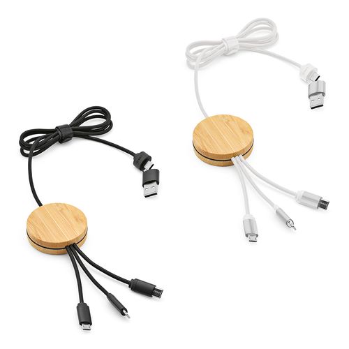 white Cable Feynman 5 en 1 de bambú y rPET. Logotipo retroiluminado.