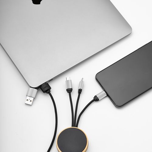 black Cable Feynman 5 en 1: de bambú y rPET. Logotipo retroiluminado