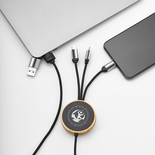 black Cable Feynman 5 en 1: de bambú y rPET. Logotipo retroiluminado