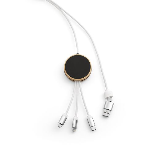 white Cable Feynman 5 en 1 de bambú y rPET. Logotipo retroiluminado.