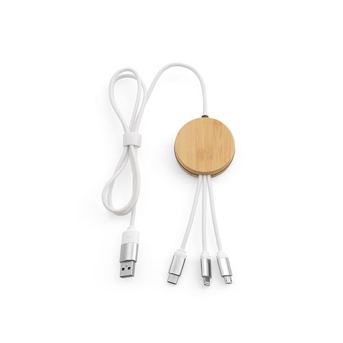 white Cable Feynman 5 en 1 de bambú y rPET. Logotipo retroiluminado.