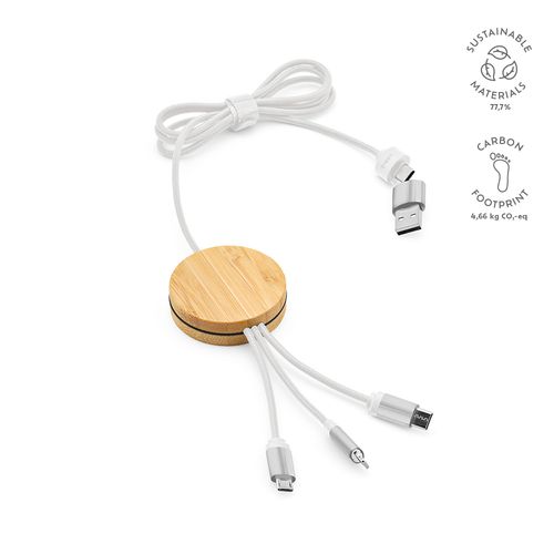 white Cable Feynman 5 en 1 de bambú y rPET. Logotipo retroiluminado.