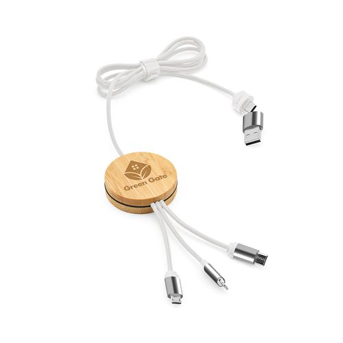 white Cable Feynman 5 en 1 de bambú y rPET. Logotipo retroiluminado.