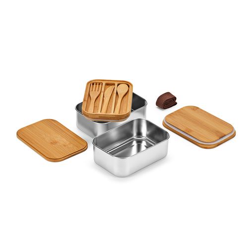 Boîte repas Vermeer rInox1480 ml, couvercle et couverts en bambou
