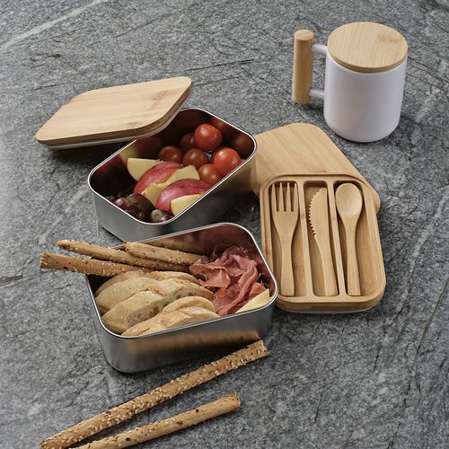 Boîte repas Vermeer rInox1480 ml, couvercle et couverts en bambou