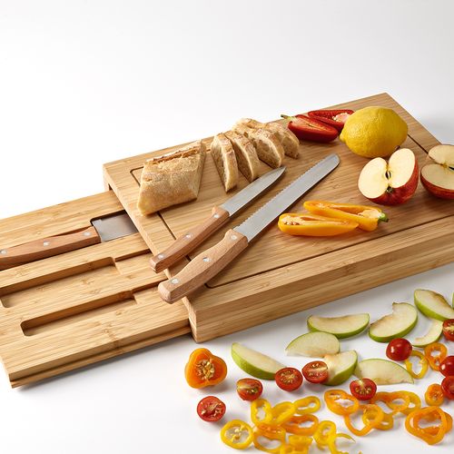 natural Tabla de bambú Brancusi con 3 cuchillos de cocina incorporados
