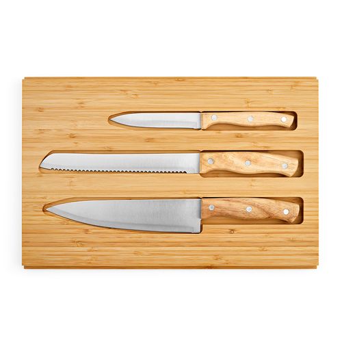 natural Tabla de bambú Brancusi con 3 cuchillos de cocina incorporados