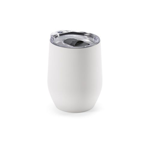 white Vaso de viaje Tigris; rInox de 320 ml. Doble pared con tapa