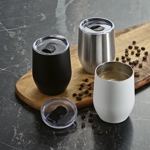 white Vaso de viaje Tigris; rInox de 320 ml. Doble pared con tapa