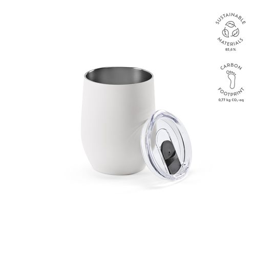 white Vaso de viaje Tigris; rInox de 320 ml. Doble pared con tapa