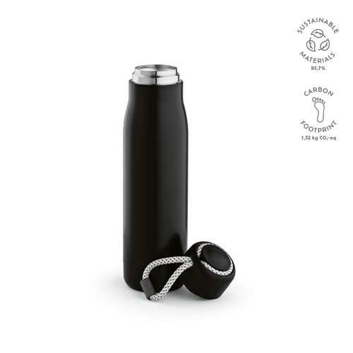 black Botella Lena; rInox, 570 ml. Doble pared, hermética. Asa de rPet