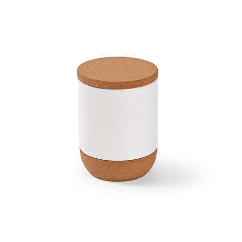 white Taza Ebro; cerámica, tapa y base de corcho, 380 ml. Sublimación