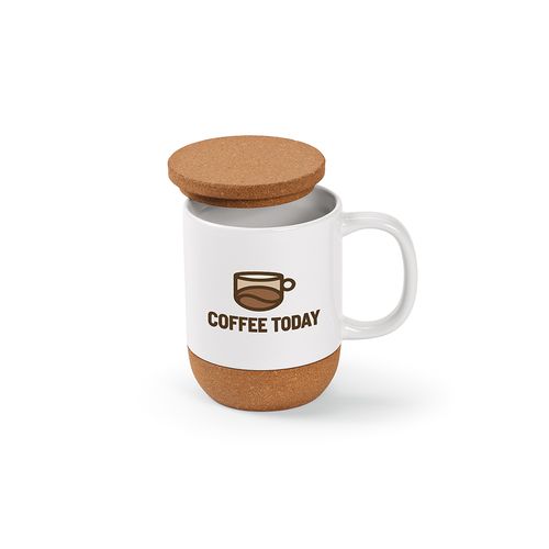 white Taza Ebro; cerámica, tapa y base de corcho, 380 ml. Sublimación