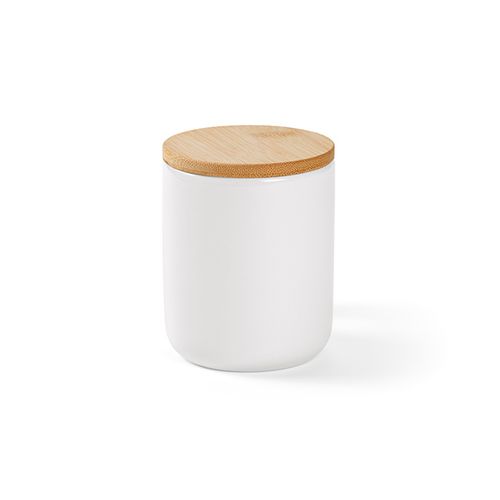 white Taza Douro; cerámica con tapa y asa de bambú, 380 ml. Sublimación