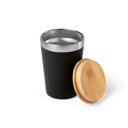 black Vaso de viaje Don; rInox y tapa de bambú de 400 ml. Doble pared