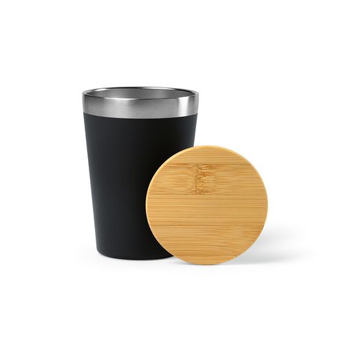 black Vaso de viaje Don; rInox y tapa de bambú de 400 ml. Doble pared