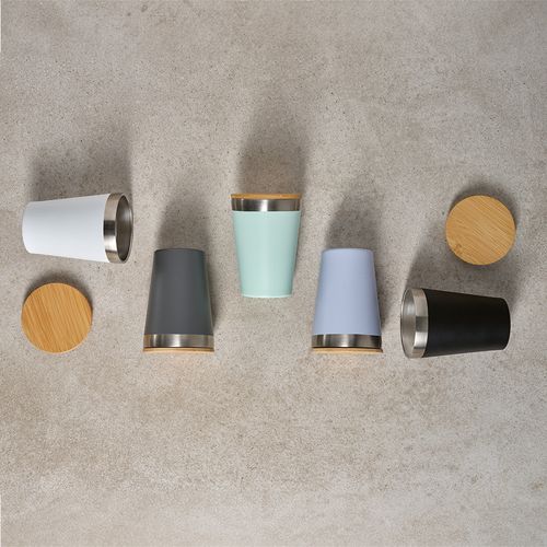 black Vaso de viaje Don; rInox y tapa de bambú de 400 ml. Doble pared