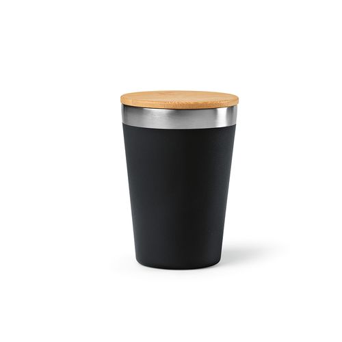 black Vaso de viaje Don; rInox y tapa de bambú de 400 ml. Doble pared