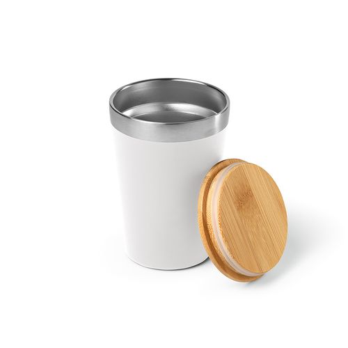 white Vaso de viaje Don; rInox y tapa de bambú de 400 ml. Doble pared