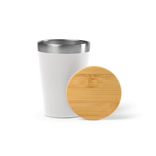 white Vaso de viaje Don; rInox y tapa de bambú de 400 ml. Doble pared