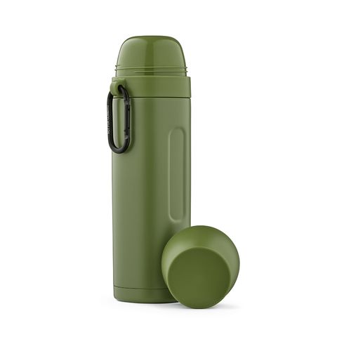 ejército verde Termo Loire; de rInox, 810 ml. Incluye 2 tazas y mosquetón