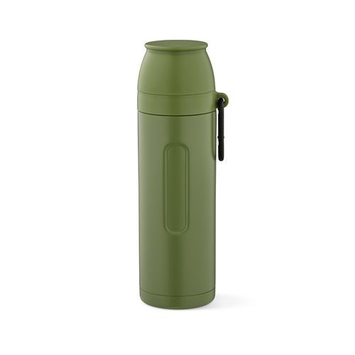 ejército verde Termo Loire; de rInox, 810 ml. Incluye 2 tazas y mosquetón