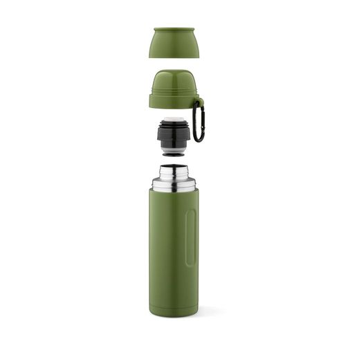 ejército verde Termo Loire; de rInox, 810 ml. Incluye 2 tazas y mosquetón