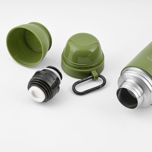 ejército verde Termo Loire; de rInox, 810 ml. Incluye 2 tazas y mosquetón