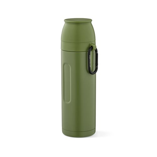 ejército verde Termo Loire; de rInox, 810 ml. Incluye 2 tazas y mosquetón