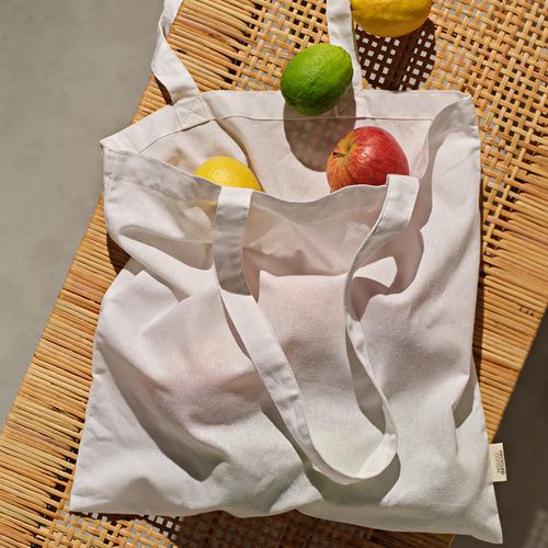 white Bolsa de compra Everest; algodón reciclado 140 gsm Asas de 65 cm