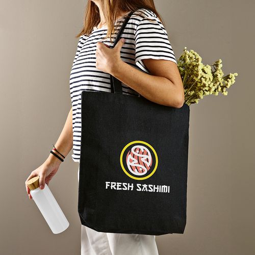 black Bolsa de compra Blanc; rCotton de 220 gsm. Asas de 65 cm y fuelle