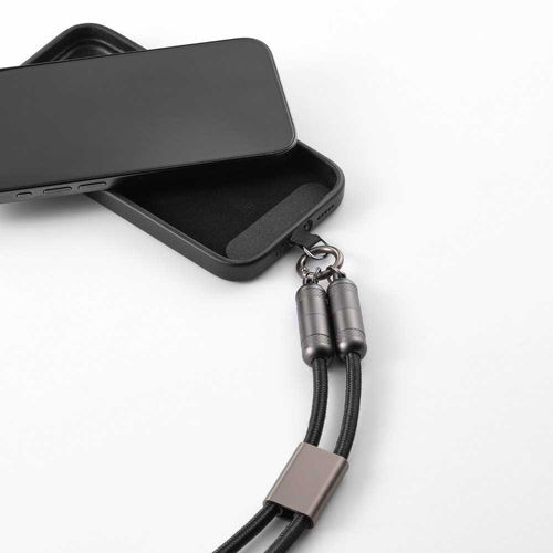 black Cable y correa para móvil 2 en 1 Marconi de rPET. USB-C a USB-C. Carga rápida de 60 W