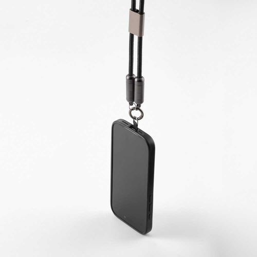 black Cable y correa para móvil 2 en 1 Marconi de rPET. USB-C a USB-C. Carga rápida de 60 W