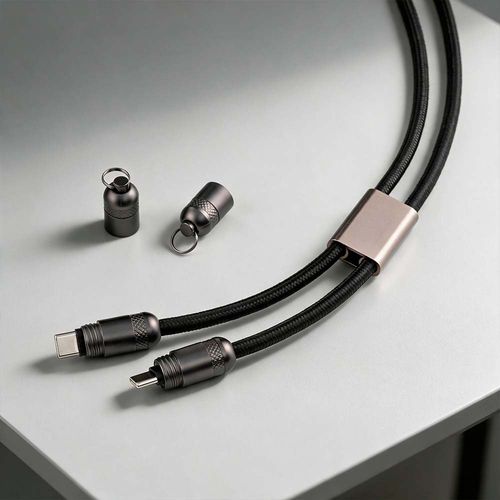 black Cable y correa para móvil 2 en 1 Marconi de rPET. USB-C a USB-C. Carga rápida de 60 W